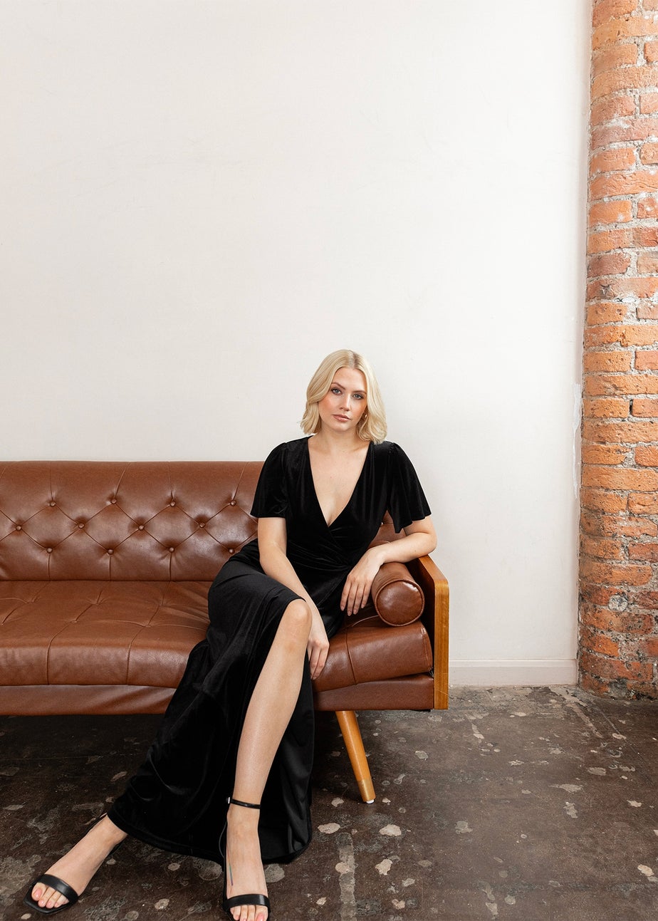 Maya Deluxe Black Faux Wrap Short Sleeve Velvet Maxi Dress