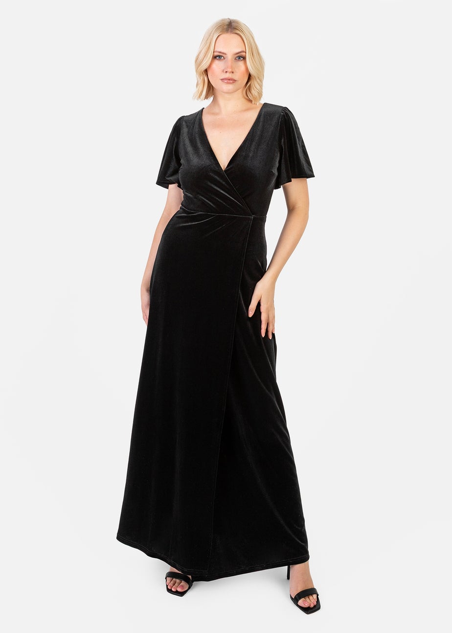 Maya Deluxe Black Faux Wrap Short Sleeve Velvet Maxi Dress
