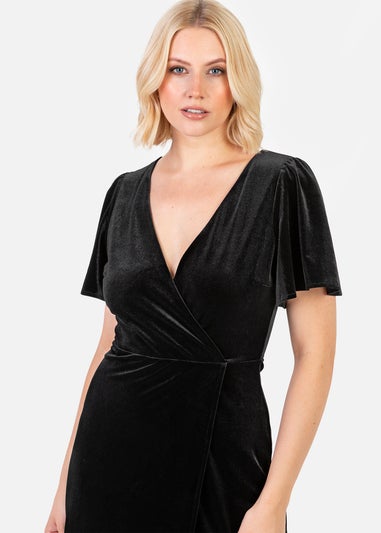 Maya Deluxe Black Faux Wrap Short Sleeve Velvet Maxi Dress
