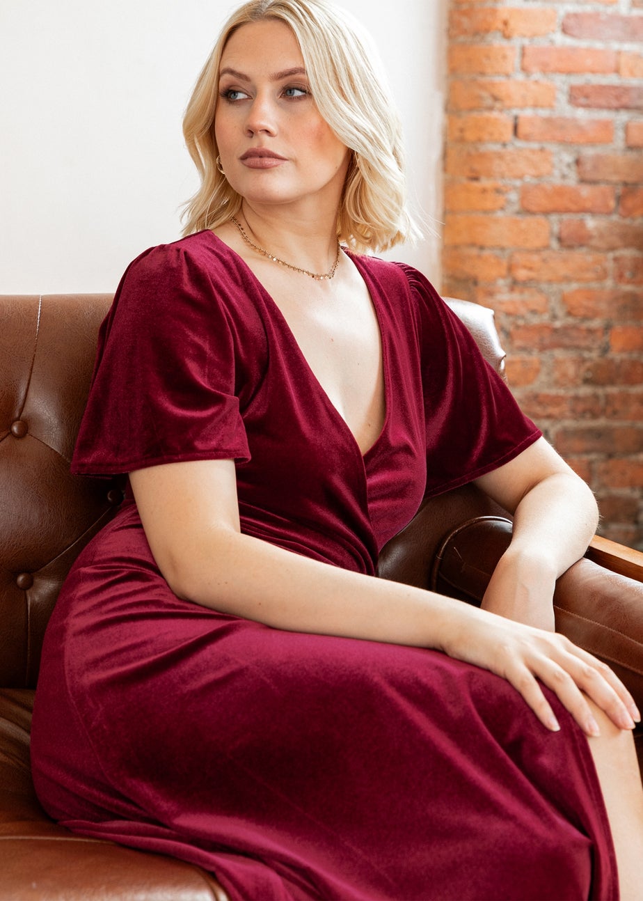 Maya Deluxe Cranberry Faux Wrap Short Sleeve Velvet Maxi Dress
