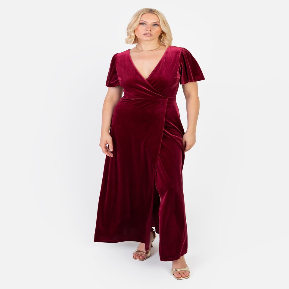 Maya Deluxe Cranberry Faux Wrap Short Sleeve Velvet Maxi Dress
