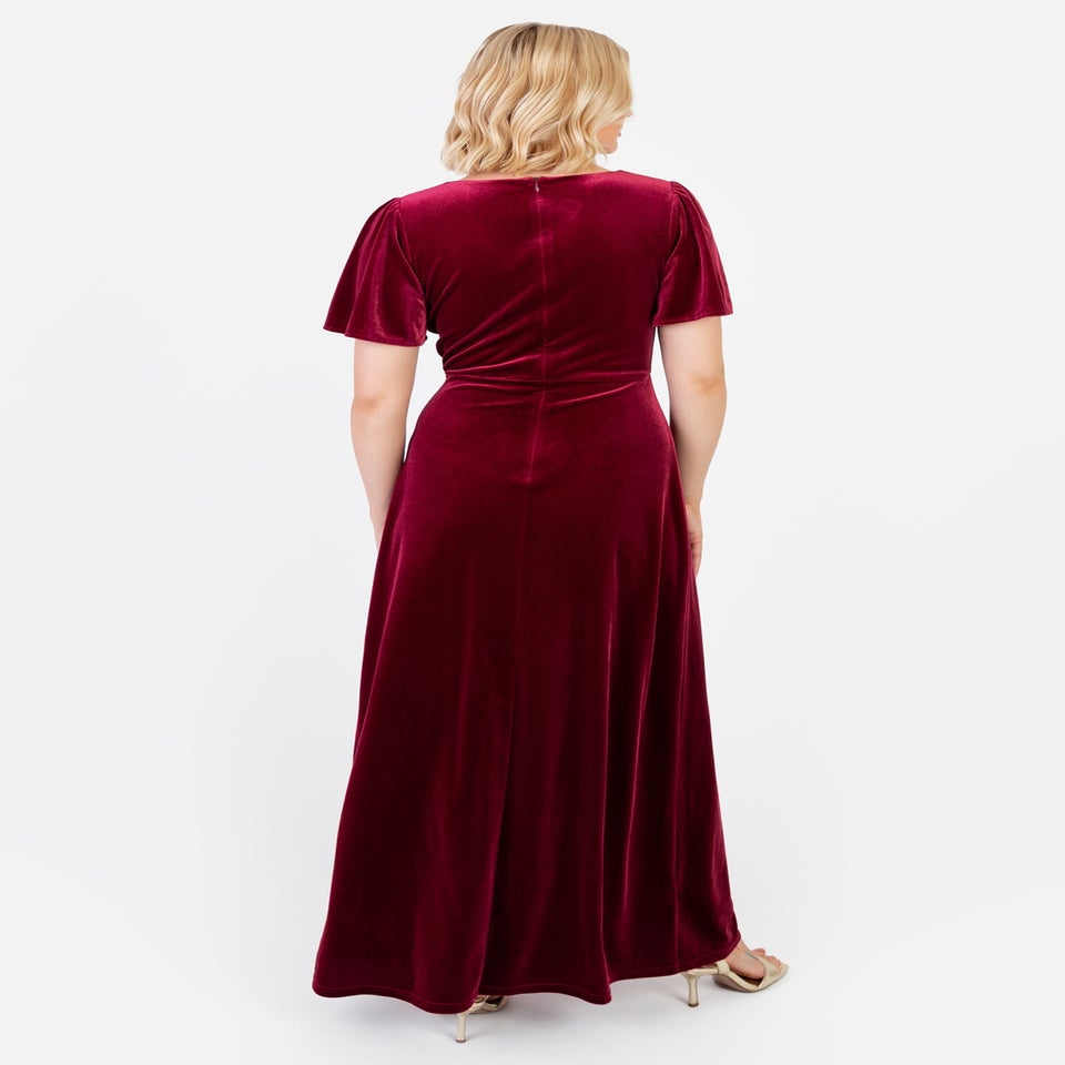 Maya Deluxe Cranberry Faux Wrap Short Sleeve Velvet Maxi Dress