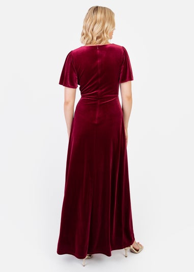 Maya Deluxe Cranberry Faux Wrap Short Sleeve Velvet Maxi Dress