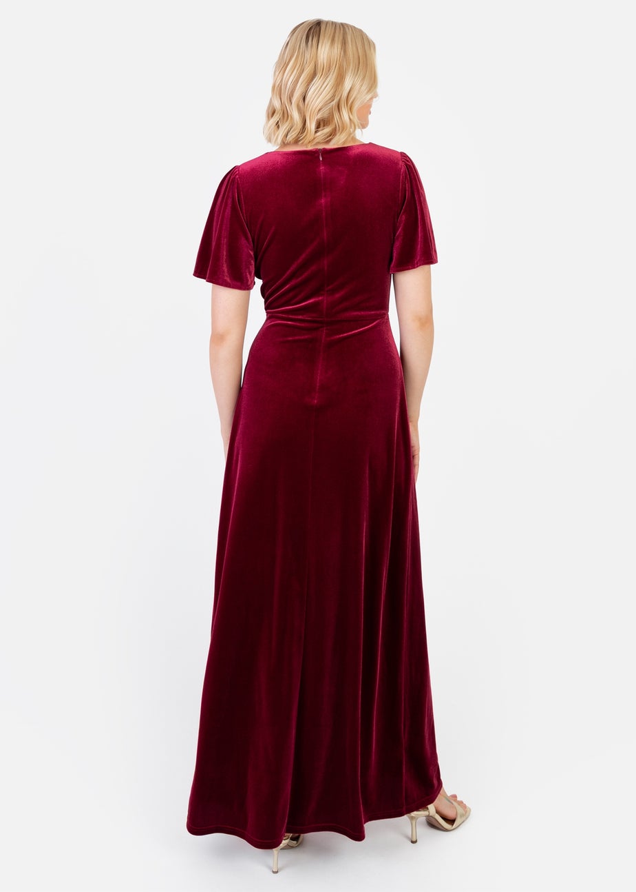 Maya Deluxe Cranberry Faux Wrap Short Sleeve Velvet Maxi Dress