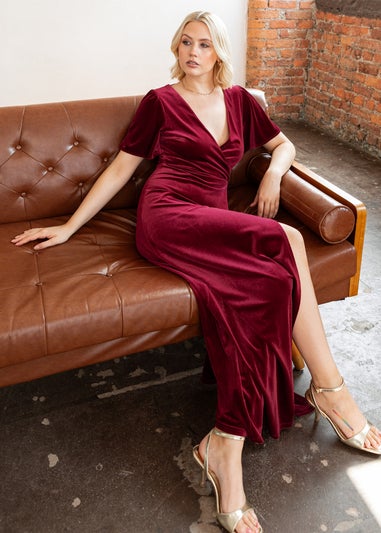 Maya Deluxe Cranberry Faux Wrap Short Sleeve Velvet Maxi Dress