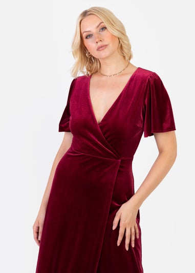 Maya Deluxe Cranberry Faux Wrap Short Sleeve Velvet Maxi Dress