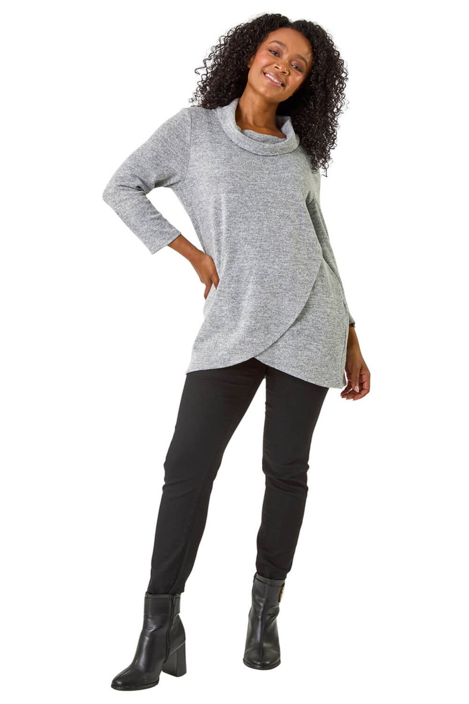 Roman Grey Petite Brushed Knit Wrap Top