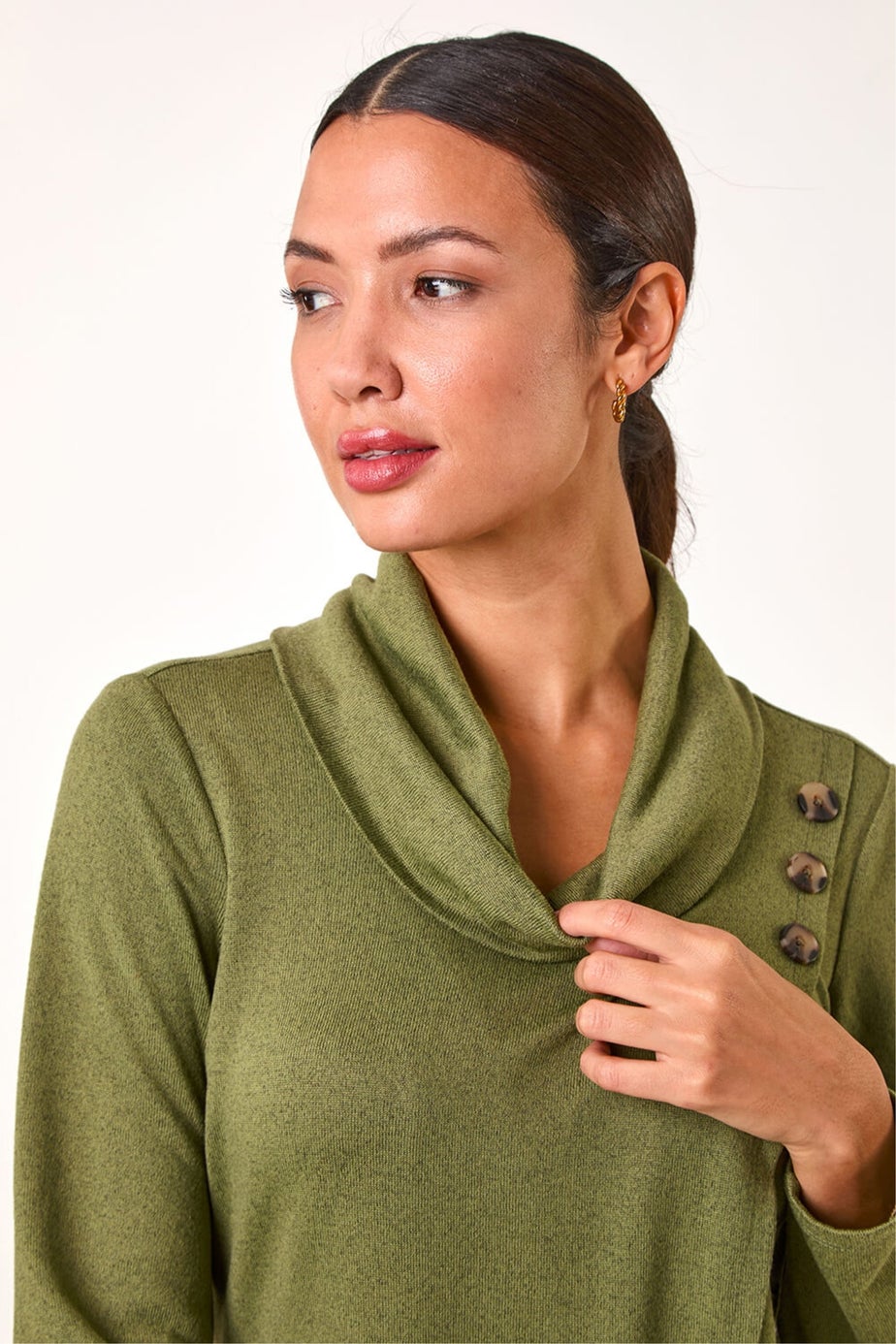 Roman Khaki Wrap Front Cowl Neck Top