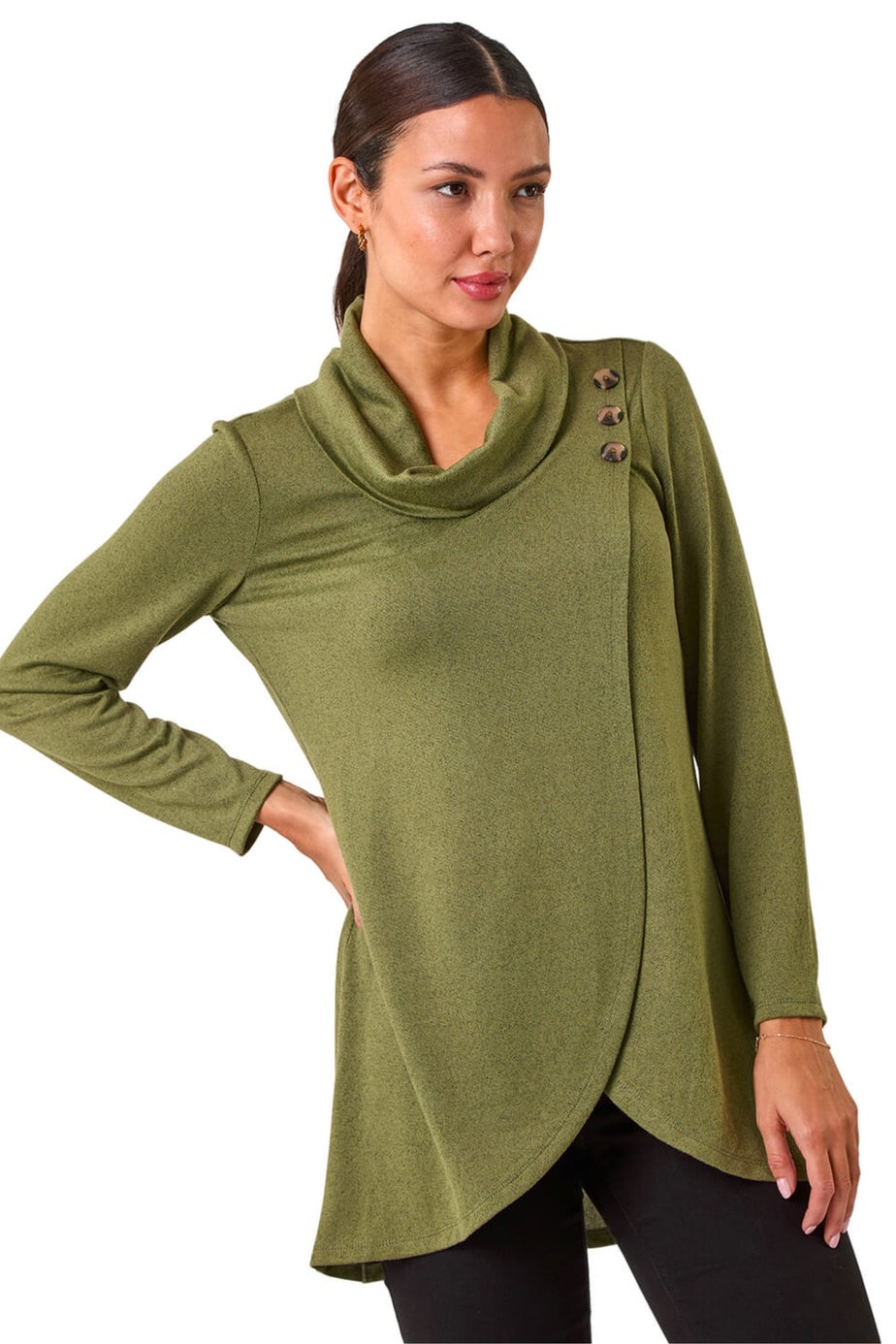 Roman Khaki Wrap Front Cowl Neck Top