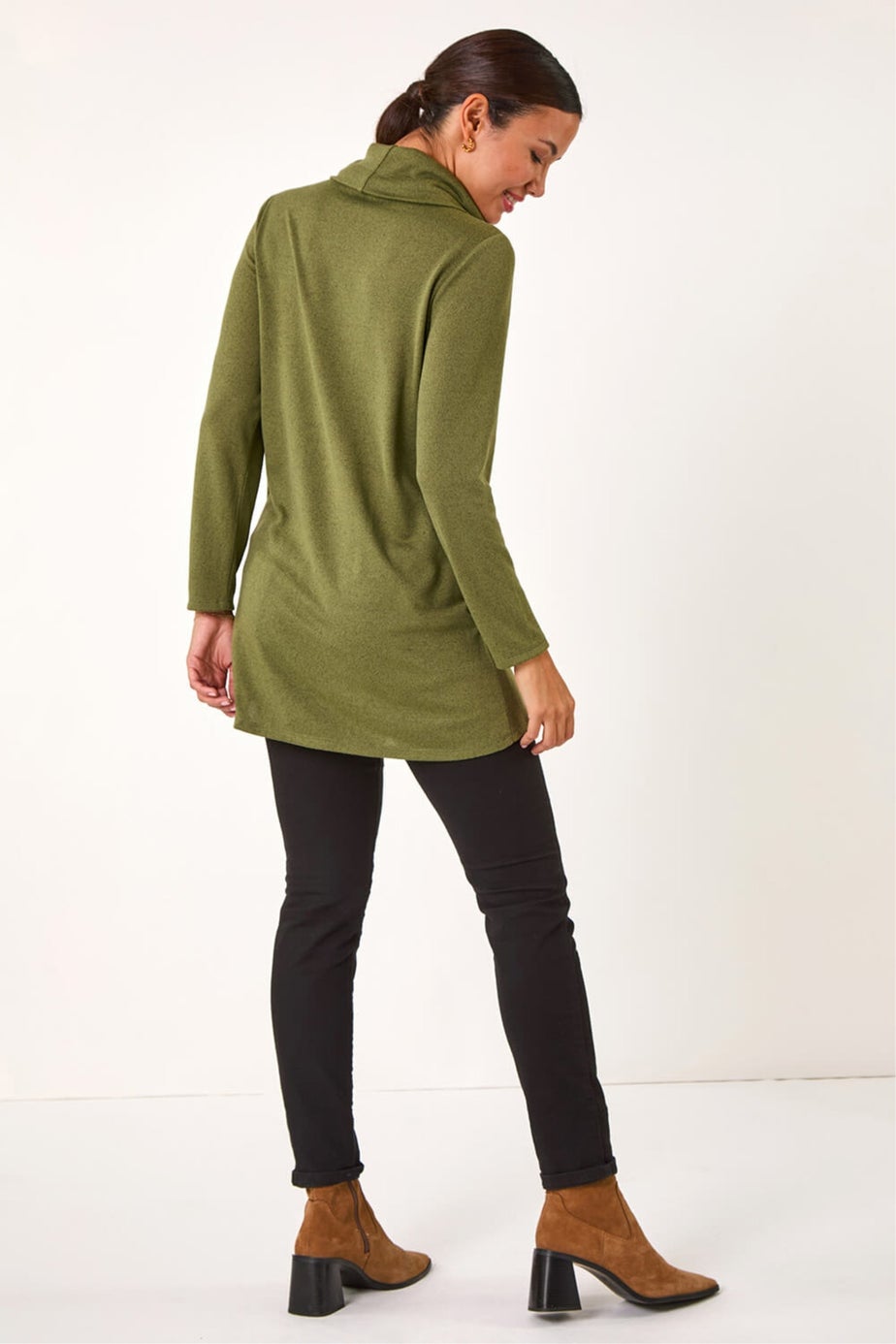 Roman Khaki Wrap Front Cowl Neck Top