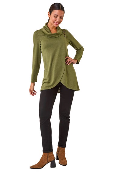 Roman Khaki Wrap Front Cowl Neck Top