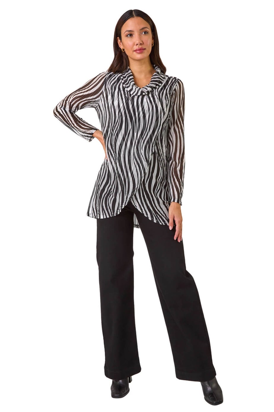 Roman Black Wavy Linear Print Cowl Neck Tunic