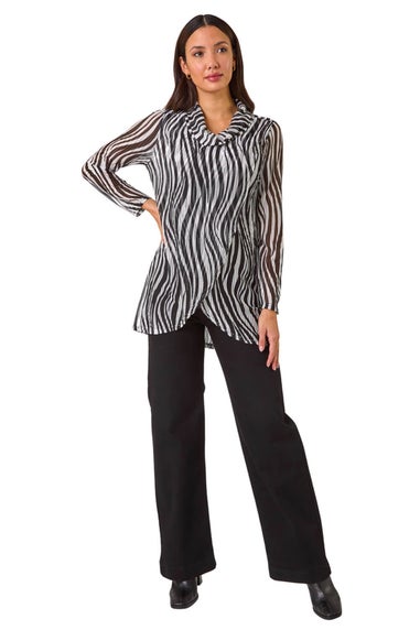 Roman Black Wavy Linear Print Cowl Neck Tunic