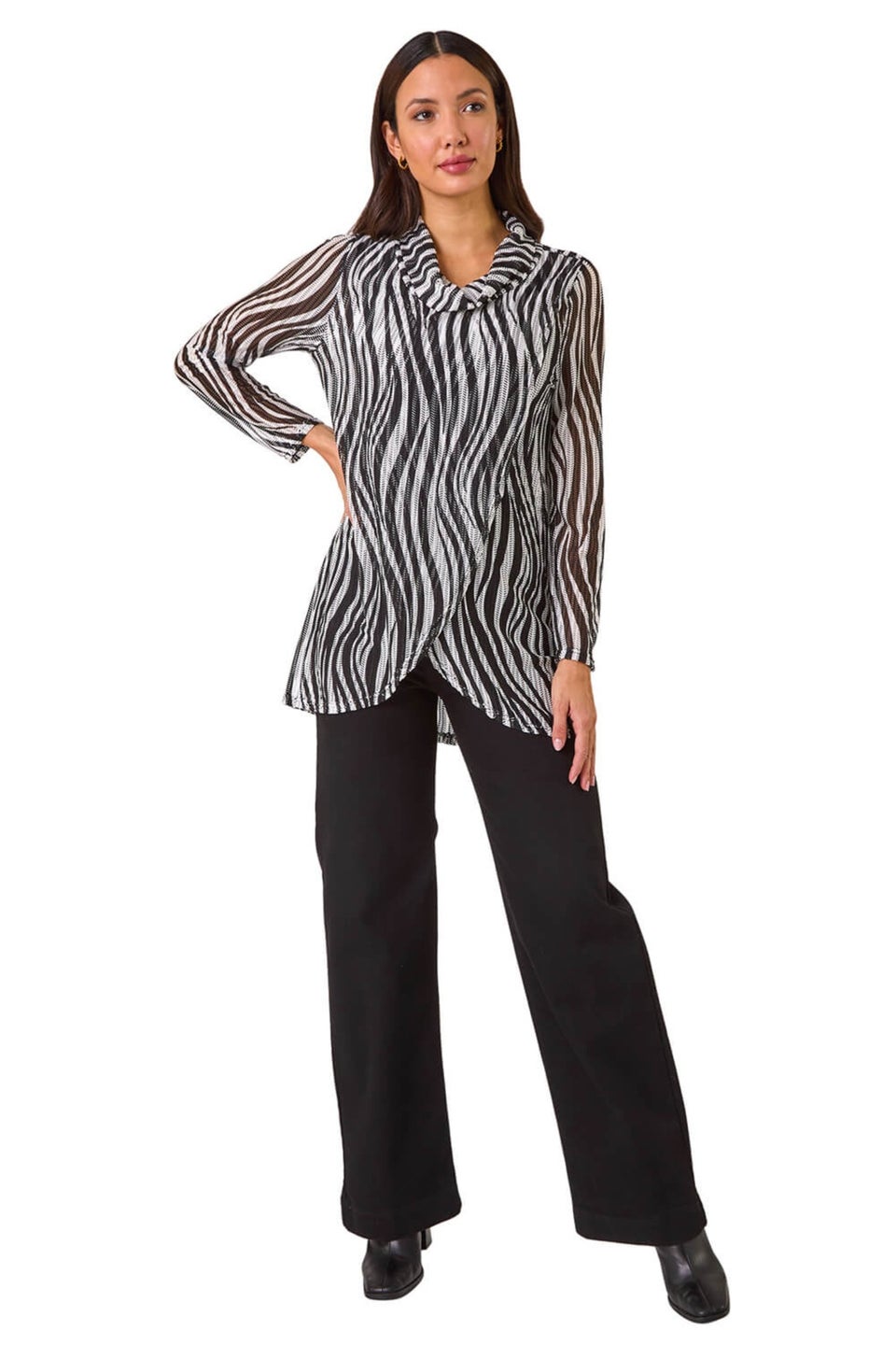 Roman Black Wavy Linear Print Cowl Neck Tunic