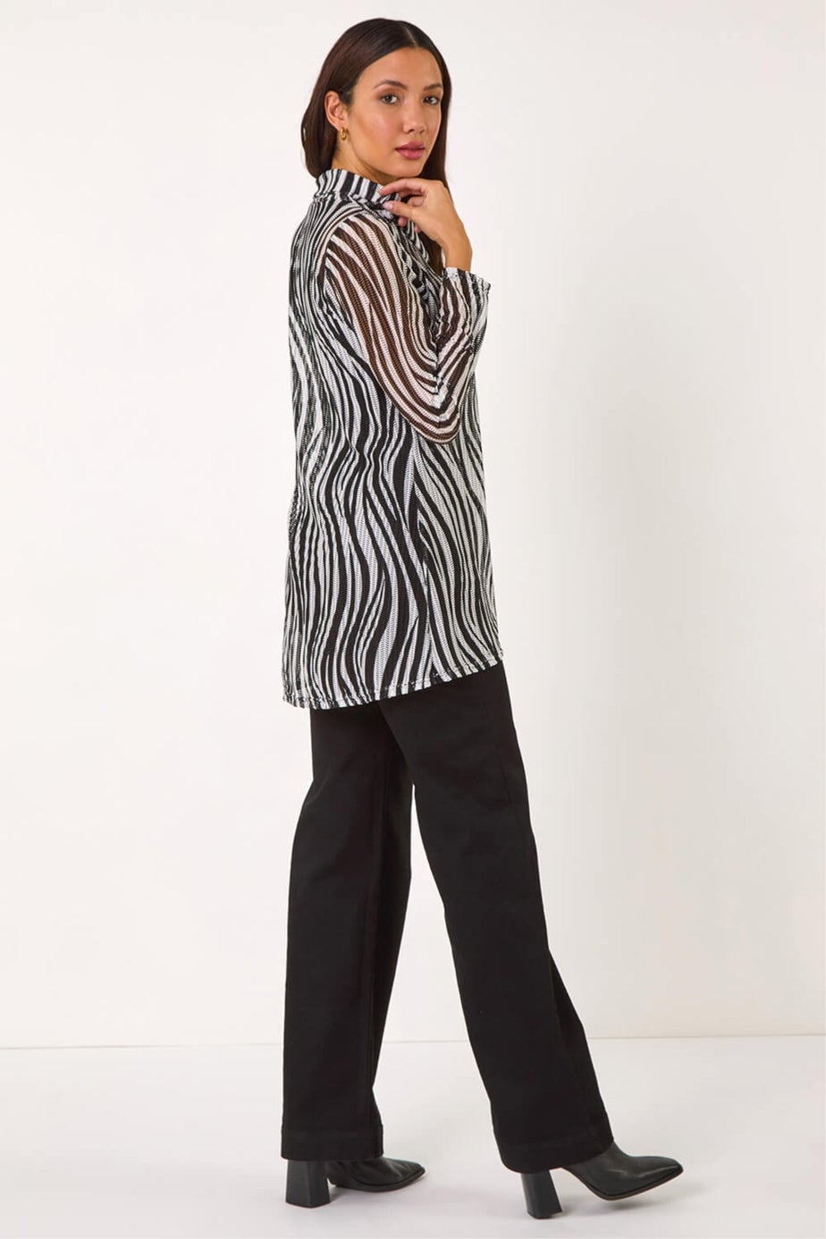 Roman Black Wavy Linear Print Cowl Neck Tunic
