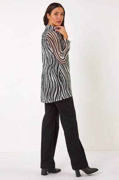 Roman Black Wavy Linear Print Cowl Neck Tunic