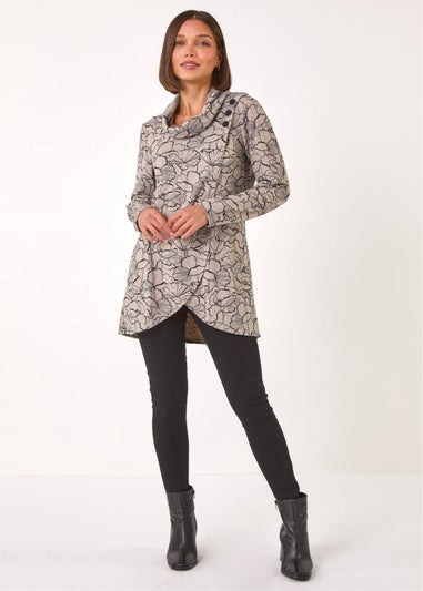 Roman Grey Floral Print Cowl Neck Top