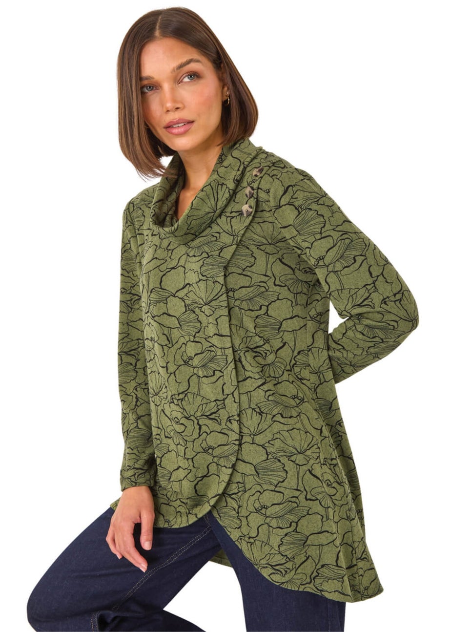 Roman Khaki Floral Print Cowl Neck Top