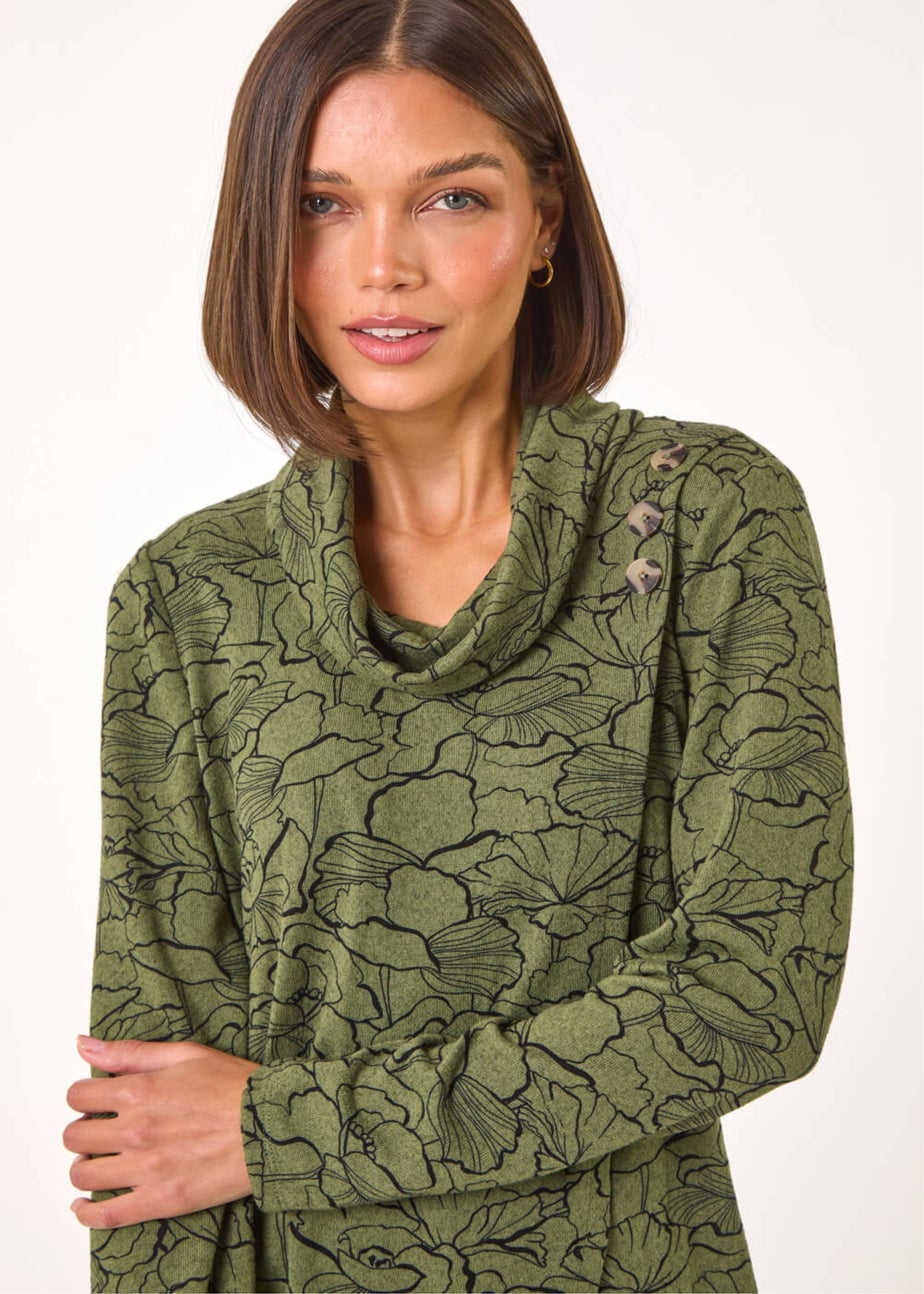 Roman Khaki Floral Print Cowl Neck Top
