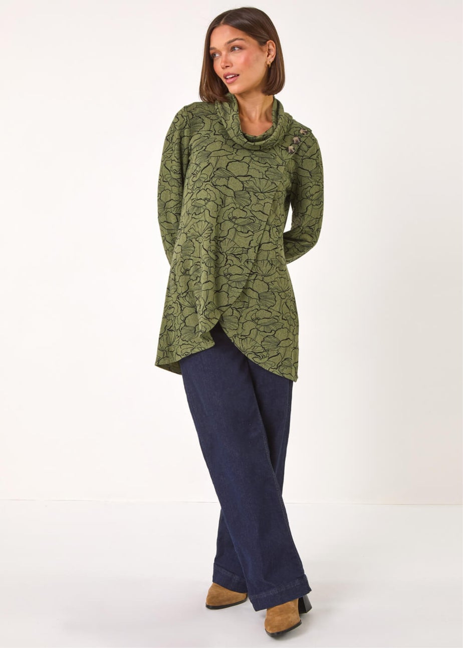 Roman Khaki Floral Print Cowl Neck Top