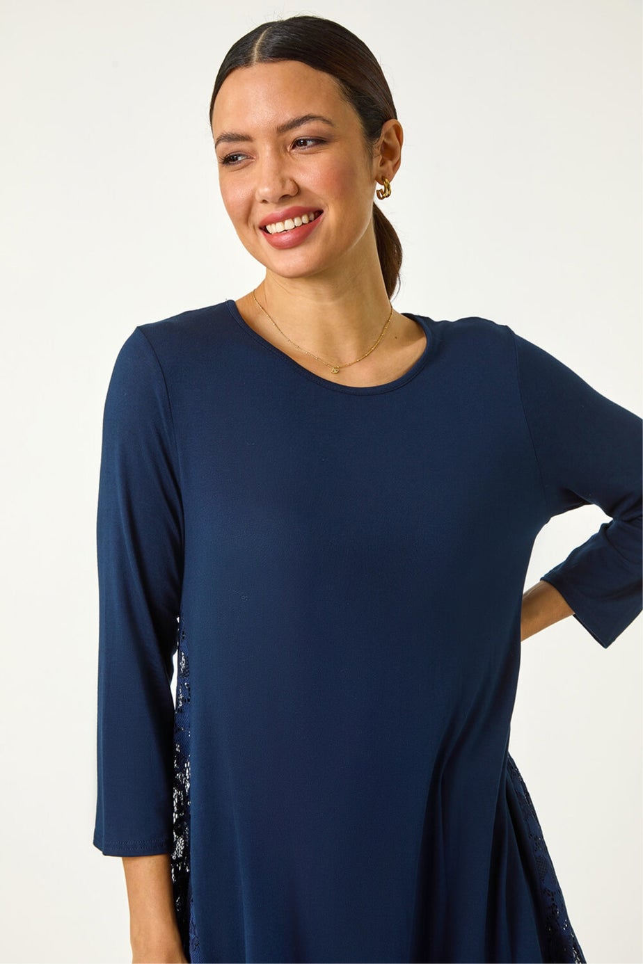 Roman Navy Lace Floral Print Hem Tunic Top