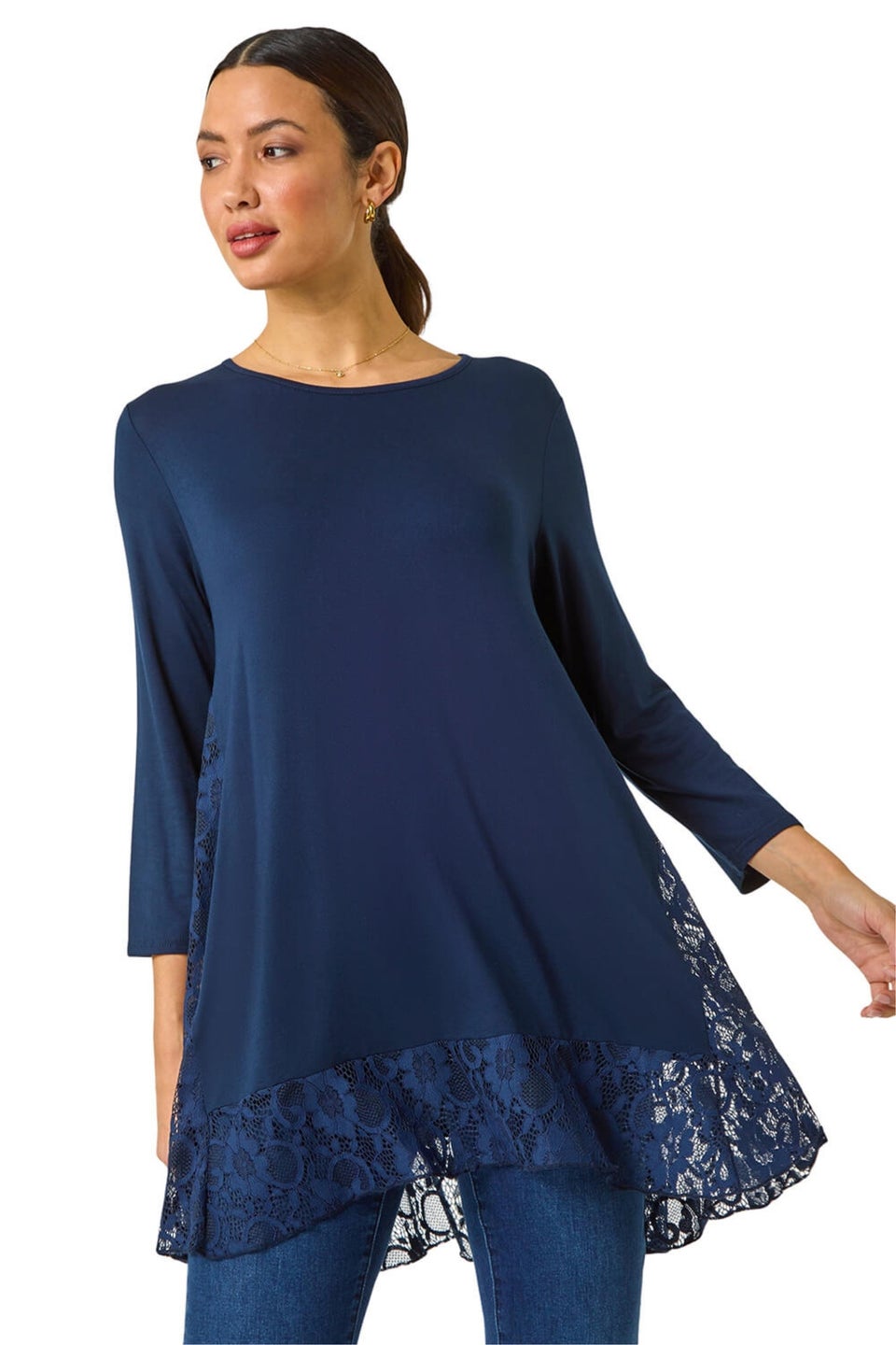 Roman Navy Lace Floral Print Hem Tunic Top