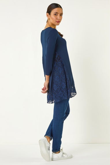Roman Navy Lace Floral Print Hem Tunic Top