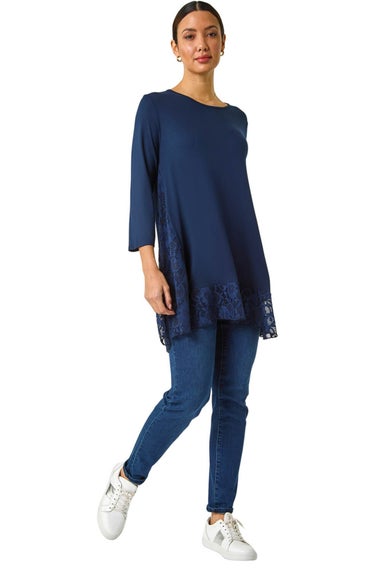 Roman Navy Lace Floral Print Hem Tunic Top