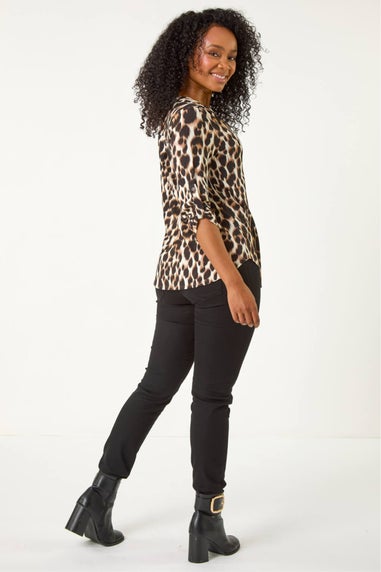 Roman Black Petite Animal Print Button Detail Shirt