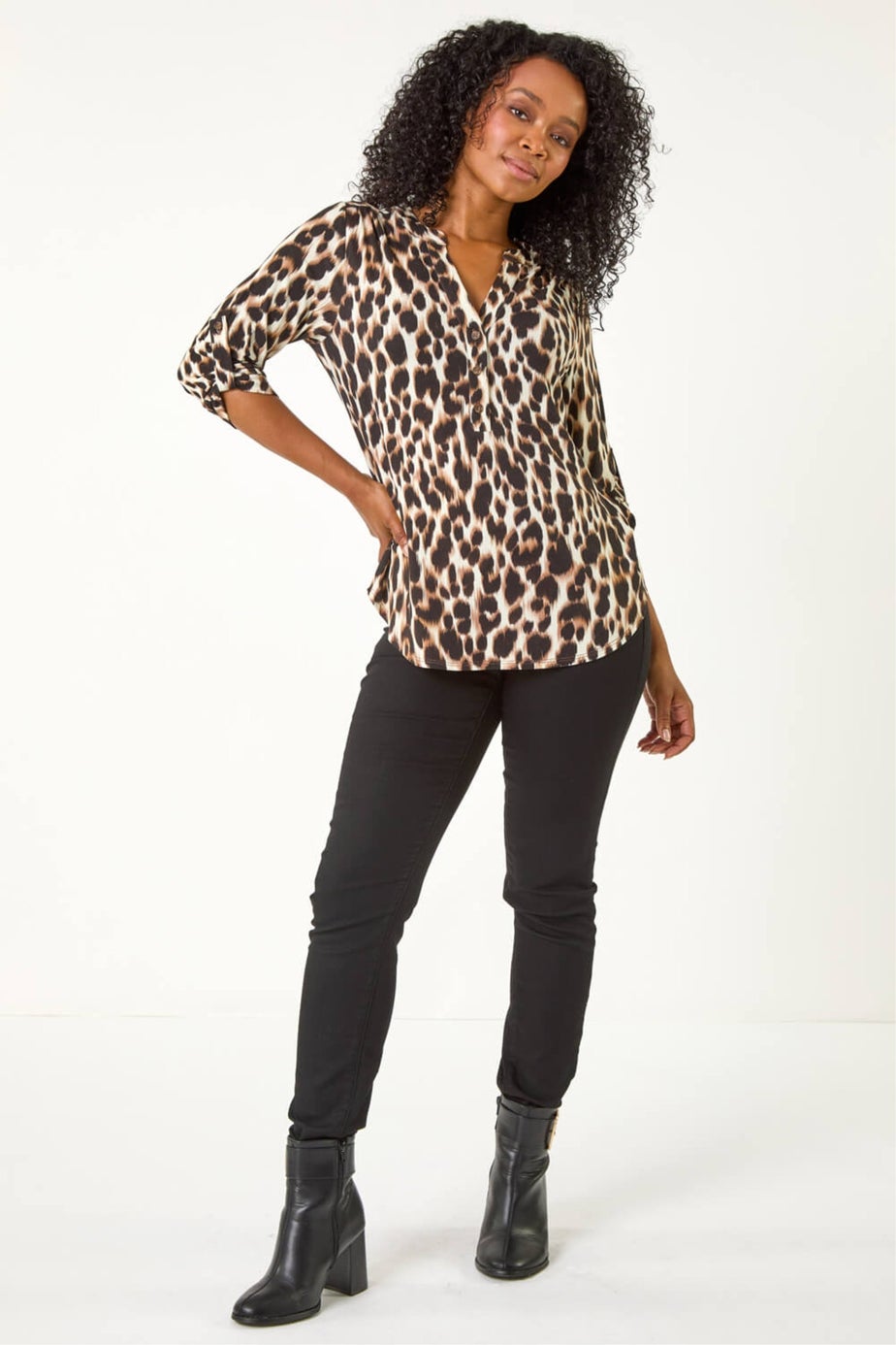 Roman Black Petite Animal Print Button Detail Shirt