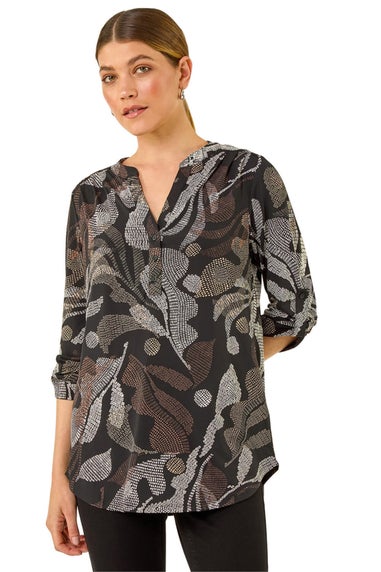 Roman Brown Abstract Puff Print Stretch Top