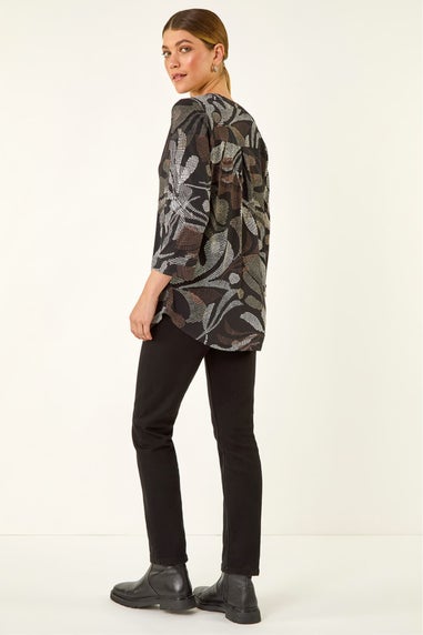 Roman Brown Abstract Puff Print Stretch Top