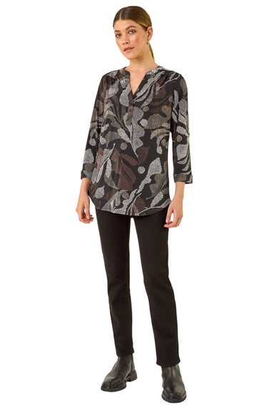 Roman Brown Abstract Puff Print Stretch Top