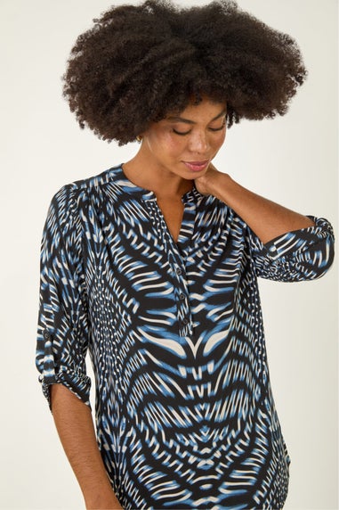 Roman Blue Abstract Puff Print Stretch Top
