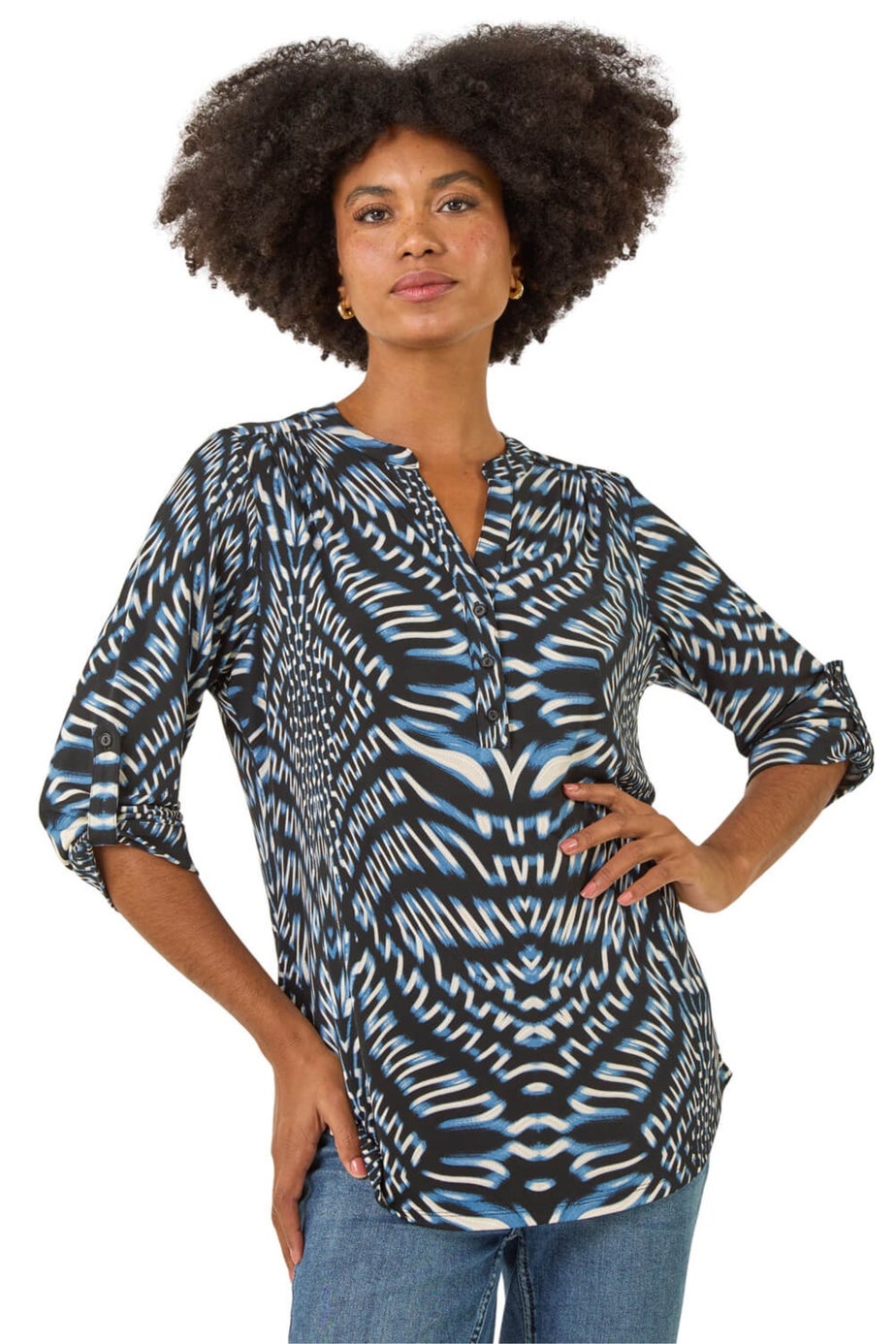 Roman Blue Abstract Puff Print Stretch Top