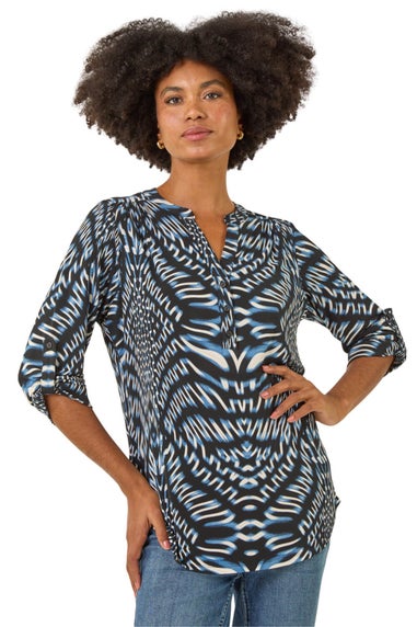 Roman Blue Abstract Puff Print Stretch Top