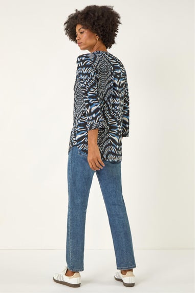 Roman Blue Abstract Puff Print Stretch Top