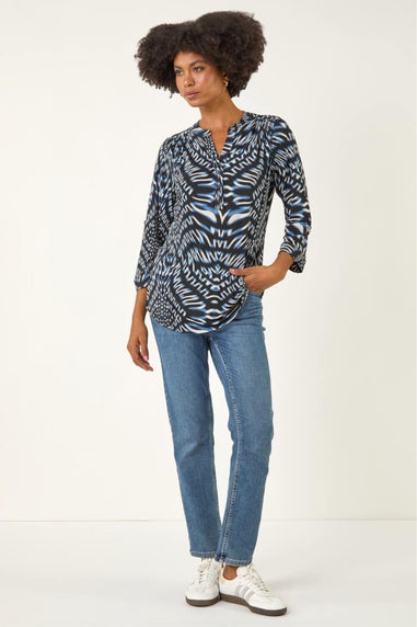 Roman Blue Abstract Puff Print Stretch Top