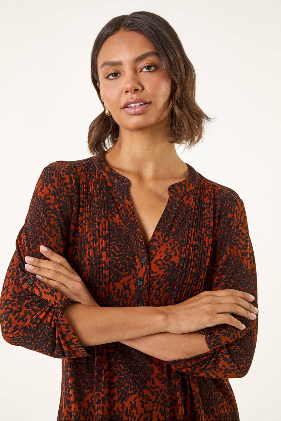 Roman Rust Abstract Print V-Neck Stretch Top