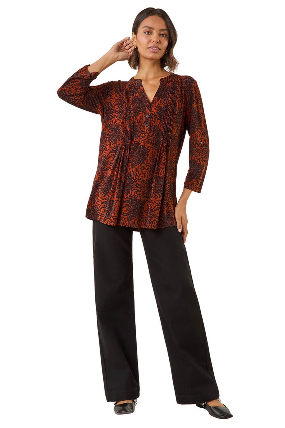 Roman Rust Abstract Print V-Neck Stretch Top