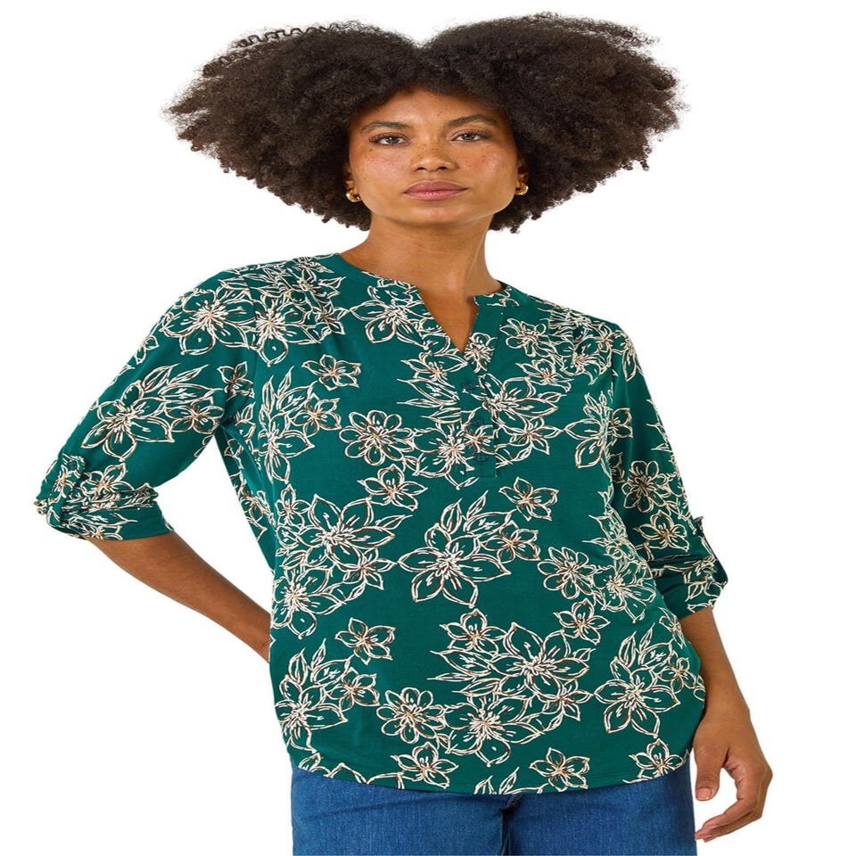 Roman Teal Floral Puff Print Stretch Top