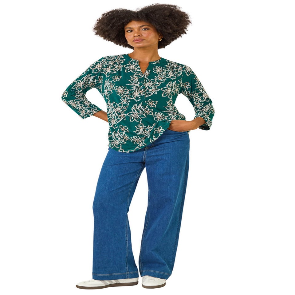 Roman Teal Floral Puff Print Stretch Top