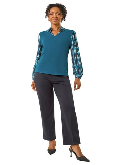 Roman Teal Petite Constrast V-Neck Top