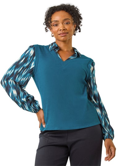 Roman Teal Petite Constrast V-Neck Top