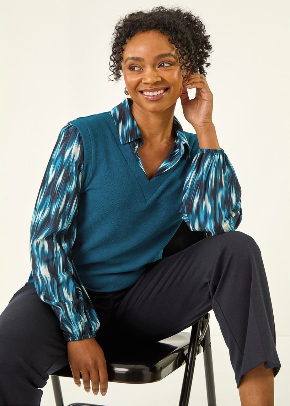 Roman Teal Petite Constrast V-Neck Top