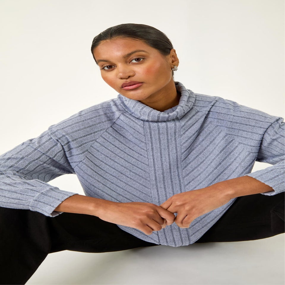 Roman Light Blue Textured Stripe Cowl Neck Top