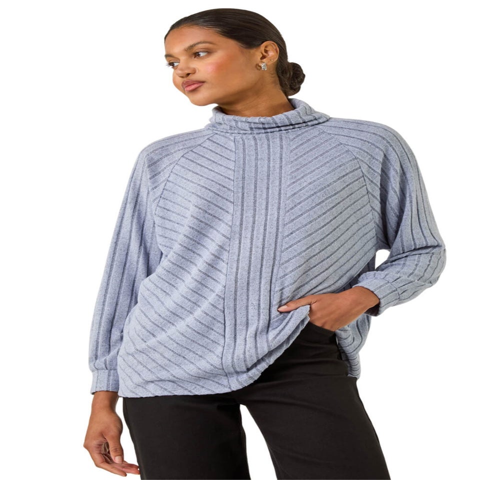 Roman Light Blue Textured Stripe Cowl Neck Top