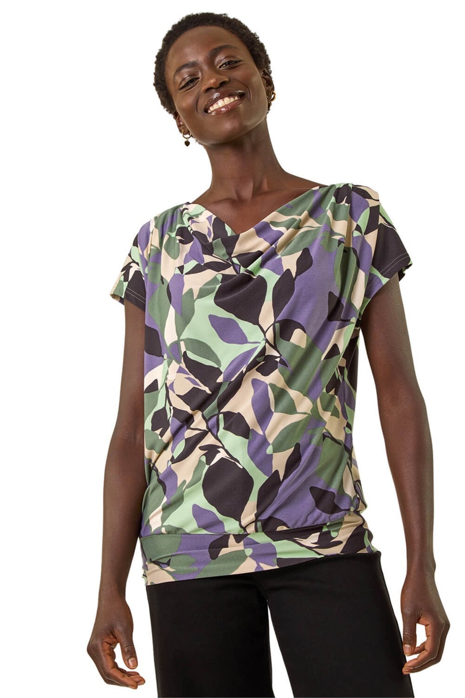 Roman Grey Geometric Leaf Print Cowl Neck Top