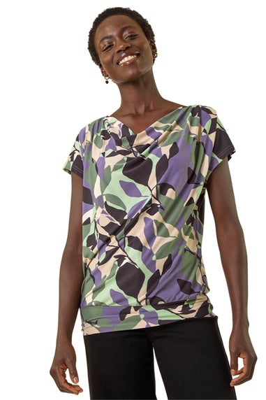 Roman Grey Geometric Leaf Print Cowl Neck Top