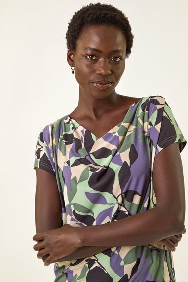 Roman Grey Geometric Leaf Print Cowl Neck Top